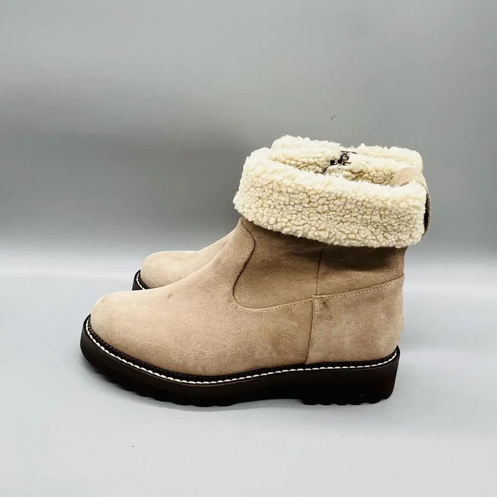 Blondo Boots Womens 5.5 Beige Suede Waterproof Shearling Ankle Zip Booties Shoes